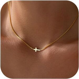Cross Necklace 14K Real Gold Dainty Minimalist Sideways Cross Pendant Chain Gift